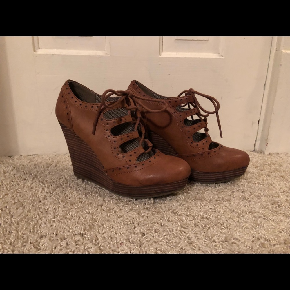Brown wedge booties